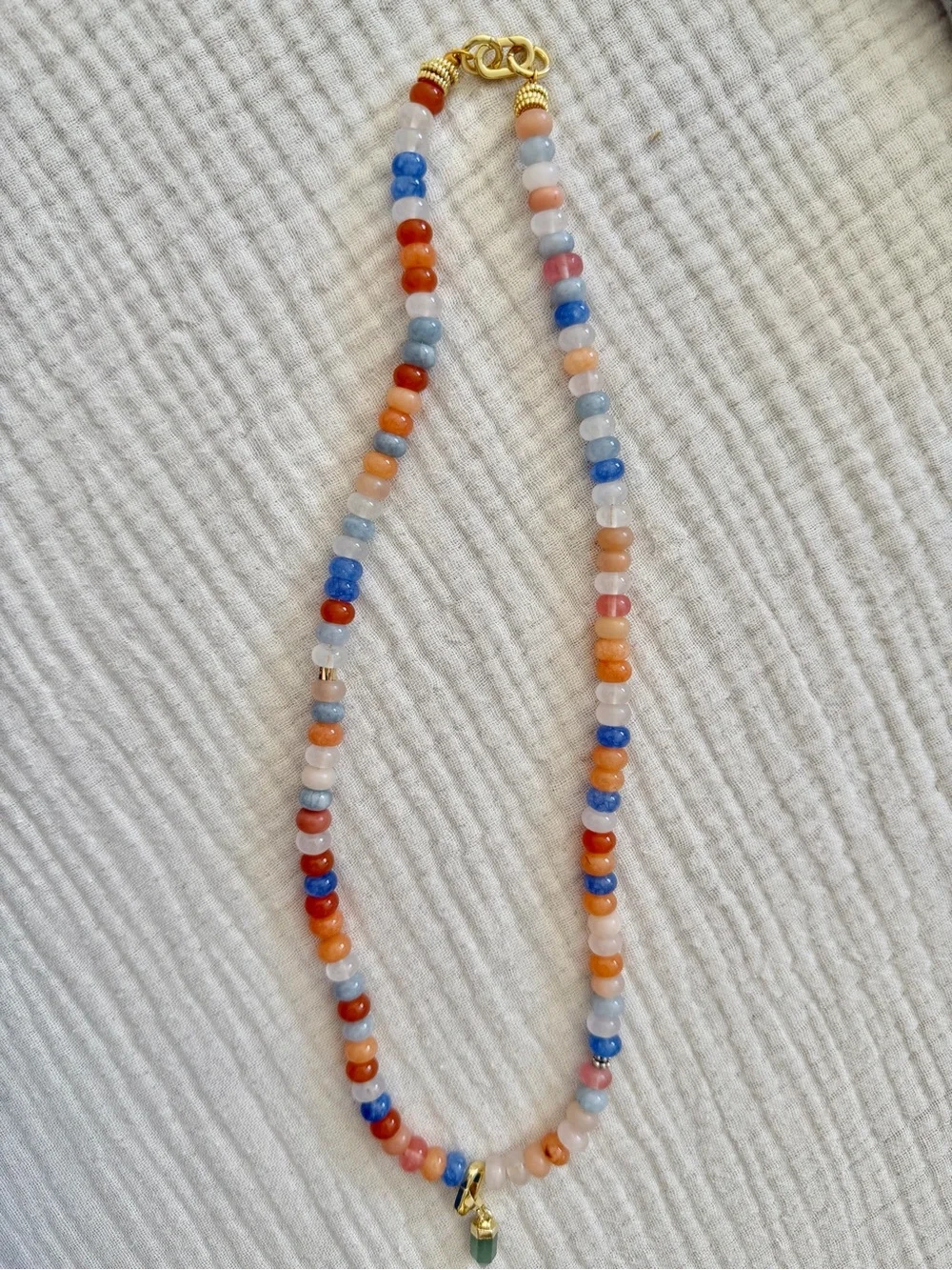 Blue Orange Pink Multicolor Jade Crystal Beaded Necklace with Green Gold Charm